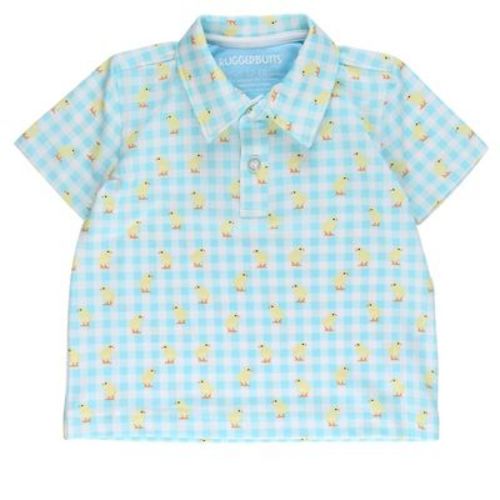RuggedButts Baby Boys Knit Short Sleeve Performance Polo - Chirping Chicks Gingham, 12-18m