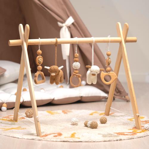 Highland Cow Baby Gym, Wooden Play Gym, Crocheted Sensory Toys, Boho Nursery Decor