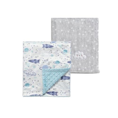 CREVENT 2Pcs 30''X40'' Cute Cozy Fluffy Warm Baby Blankets for Infants Toddlers' Bedding Crib Cot Stroller - Grey Cloud + Minky Space