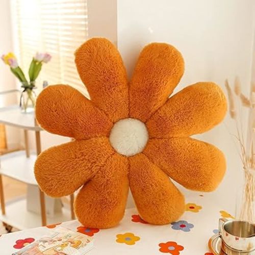Furry Flower Pillow, Flower Shaped Throw Pillow Cute Floor Pillow Green Floor Cushion for Living Room Chair Office Seat Cushion- Cute Room Decor For Girls Teens Adults-Orange,Small-15.7 inch
