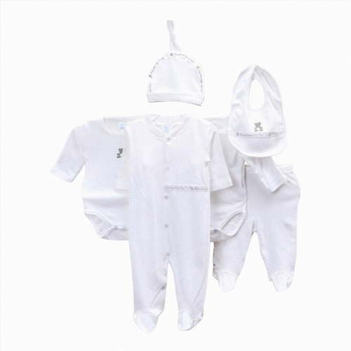 Hessimy Unisex Cartoon Outfits Newborn Baby Layette Set, 0-3M, 5-Piece Tops+Hat+Pants+Bib+Sock Shose+Romper (White,0-9 Months)