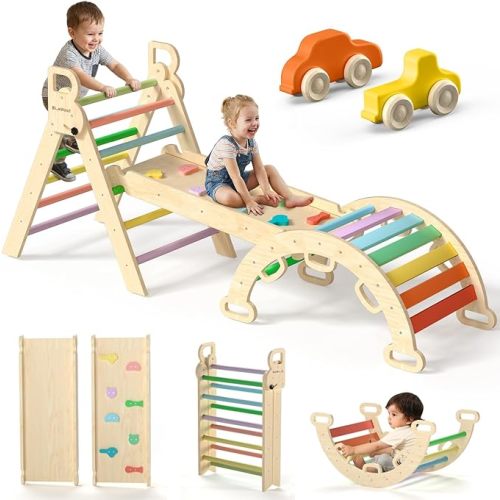 Pikler Triangle Set with Safe Handle, Foldable 7-in-1 Montessori Toddler Climbing Toys Indoor, Wooden Pickler Climbing Set, Baby Jungle Gym & Playground, Climbing Toys for 1-3 Year, Colorful