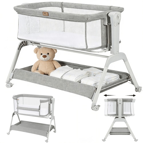 Baby Bassinet, Bobiber 3-in-1 Baby Bassinet Bedside Sleeper with Rocking and Adjustable Height, Storage Basket, Wheels, for 0-24 Months, Grey