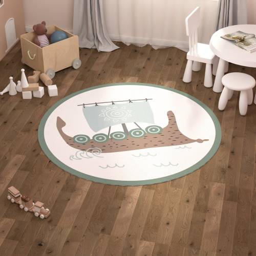 Viking Ship Round Rug: Scandinavian Kids Room Cotton Carpet