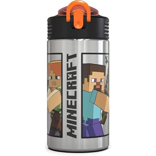 Zak Designs Minecraft - Stainless Steel Water Bottle with One Hand Operation Action Lid and Built-in Carrying Loop, with Straw Spout is Perfect for Kids (15.5 oz, 18/8, BPA-Free)