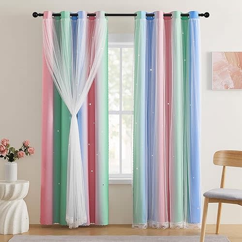 XiDi Pink Green Curtains for Girls Bedroom Decor Kids Blackout Curtains for Nursery Room Darkening Rainbow Princess Unicorn Wall Decals Little Girl Pink Green Blue 34x72 Inches Long 2 Panels Set