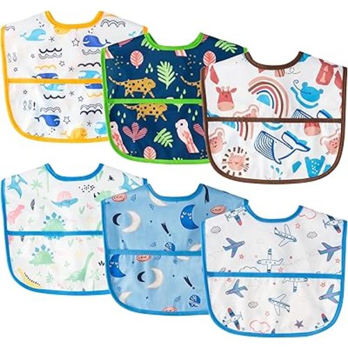 6Pcs Baby Bibs for Eating Toddler Adjustable Feeding Bibs with Crumb Catcher Pocket Waterproof Sleeveless Teething Plastic Food Bib Set Infant Keepsake Gift for Baby Shower, 6-24 Months