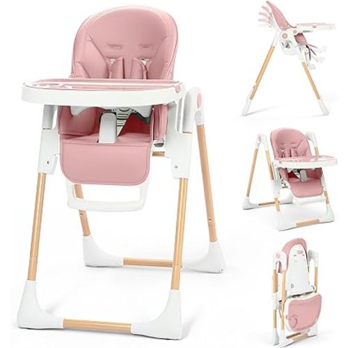 Kinder King Convertible High Chair for Babies & Toddlers, Adjustable Baby Feeding High Chair with Removable Double Tray, Simple Compact Fold for Space-Saving, 2 Built-in Wheels, Easy to Clean