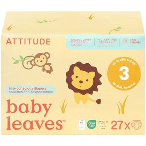 Attitude Eco-Conscious Disposable Diapers, EWG Verified, Size 3 (13-22 lbs), Ultra Absorbent for Baby, Vegan & Plant-Based, 27 Count