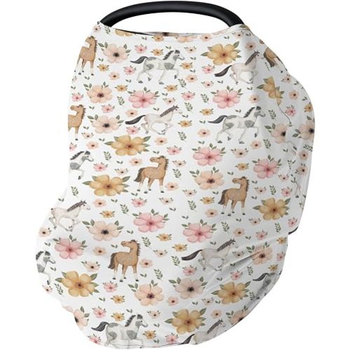 Watercolor Horse Floral Car Seat Cover for Baby Running Horses Boho Flowers Stretchy 5-in-1 Covers Adjustable Infant Carseat Canopy Cover Wild Animals Breathable Nursing Cover-Up