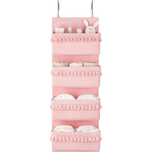 Over The Door Organizer Boho Nursery Storage Decor Closet Hanging Organizer with Tassels Decoration for Bedroom Nursery Bathroom Apartments Dorm Pantry, 4 Pockets, Pink