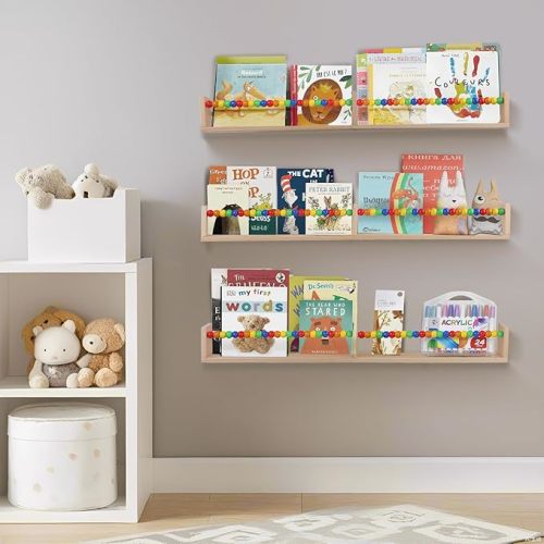 Nursery Book Shelves for Kids Rooms - 32 Inches Floating Wall Bookshelves Set of 3, Space-Saving Nursery Shelves with Beads Design for Kids Room, Bedroom and Study Room(Natural)