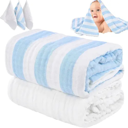 Muslin Baby Bath Towel Set, 2 Large Gauze Super Soft Baby Bath Towel and 3 Washcloths, 6 Layers 100% Cotton Infant Towel Newborn Towel Blanket Suitable for Baby's Delicate Skin(Bule)