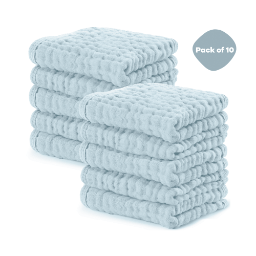 Comfy Cubs Baby Washcloths, Muslin Cotton Baby Towels, Large 10”x10” Wash Cloths (Sky Blue, Pack of 10)