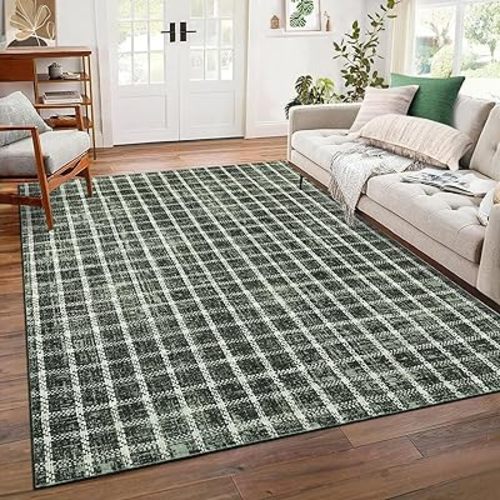 Checkered 8x10 Rug for Living Room Green Braided Geometric Print Soft Low-Pile Thin Large Washable Rugs for Bedroom for Dining Room