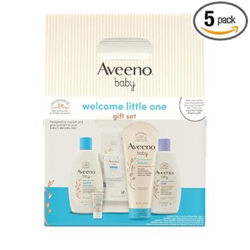 Aveeno Baby Welcome Little One Gift Set, Baby Essentials Set, 5 Items | Daily Moisture Baby Body Wash and Shampoo, Calming Comfort Bath, Sensitive All Over Wipes, Moisturizing Lotion, Baby Balm