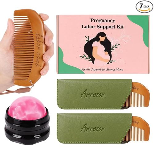 Arrozon 2 Pcs Labor Comb & Massage Roller Ball Kit, Birthing Pregnancy and Hospital Bag Must Haves, PostPartum Home Delivery Essentials, Wooden Birth Comb Pain Relief Baby Shower Gifts for Mom