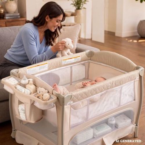 TODECARE 5-in-1 Baby Playard with Bassinet, Bedside Sleeper, Changing Table, Canopy & Side Zipper, Portable Baby Playard