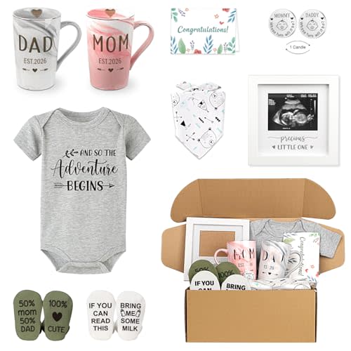 New Parents Gift Set Est 2026 Pregnancy Announcement Gifts for Couples-First Time New Mom Basket for Baby Shower Gender Reveal-Mom & Dad Mugs, Decision Coin, Baby Ultrasound Frame, Onesie, Bib, Socks