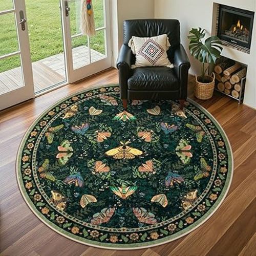 Lahome Villette Bug Round Rugs, Whimsical Floral Soft Circle Dark Green Rug 6ft Non Slip for Bedroom, Insect Nature Round Washable Rug for Living Room, Vintage Plant Stain Resistant Faux Wool Carpet
