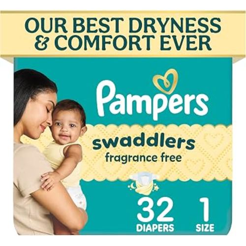 Pampers Swaddlers Diapers, Size 1 (8-14 lbs), 32 Count, Fragrance Free, Hypoallergenic, Absorbent, Pediatrician Recommended, Skin Safe