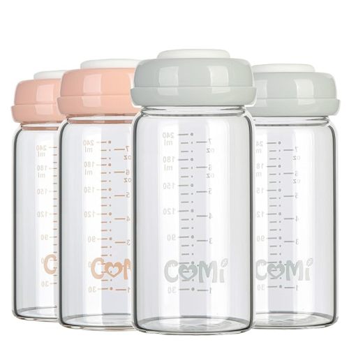 COMI Wide Neck Glass Breastmilk Collection n Storage Bottle, 4 Packs, 6oz with Screw Ring Sealing Disk; Re-markable Sealing Disc. BPA Free, Fits Breast Pumps & Nipples (2 Gray Lids + 2 Pink Lids)
