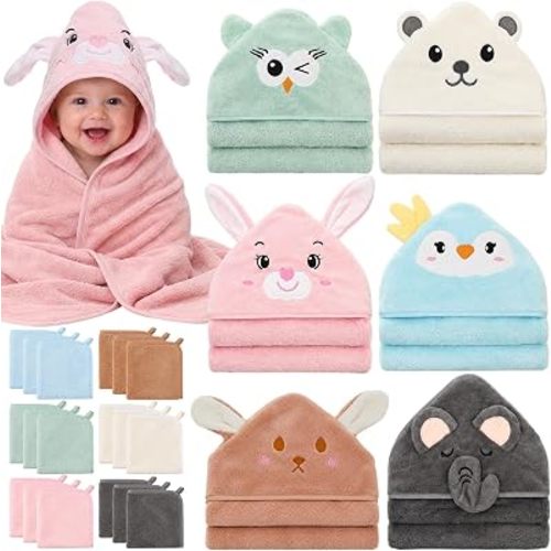 Tegeme 24 Pcs Hooded Baby Towels and Washcloths Set, Sweet Pastel