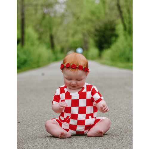 Front Opening Ready Set Romper® Shortie in RIBBED CRIMSON CHECK