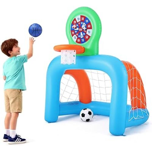 Inflatable Toddler Sports Center – Basketball Hoop & Soccer Goal, 3-in-1 with Sticky Ball Target, Soft & Safe Indoor/Outdoor Set, Ages 2–6