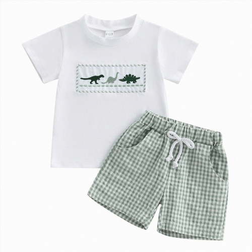 Toddler Baby Boy Clothes Summer Outfits Embroidery Trucks Smocked Shirt T-Shirt + Gingham Shorts 1T 2T 3T