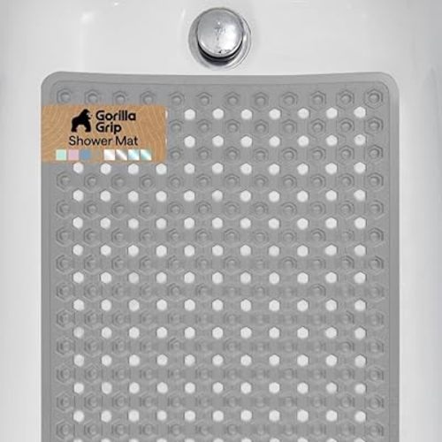 GORILLA GRIP Patented Bath Tub Shower Mat, Machine Washable Bathtub Floor Liner Mats, Suction Cups and Drain Holes to Keep Tubs Clean, Soft on Feet, Bathroom Essentials, 35x16 Inch, Gray Opaque