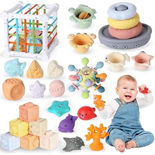7-in-1 Baby Bath Toys Montessori Toys for Babies, Bathtub Water Toys with Shape Sorter Sensory Bin, Stacking Cups, Soft Sea Animal Toys, Learning Developmental Toys Gifts for Baby Girls Boys