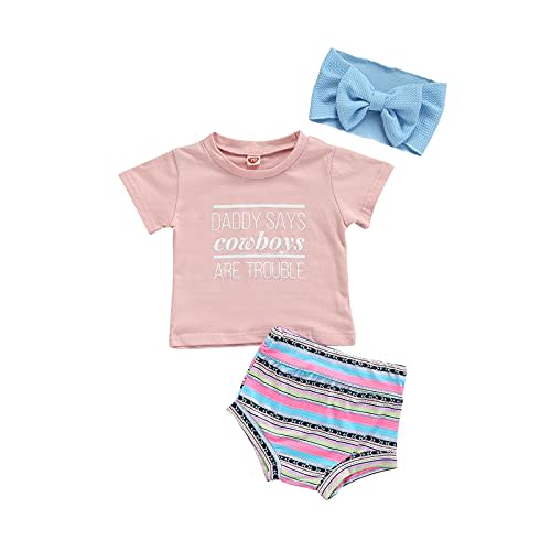 Western Baby Girl Summer Clothes Letter Print Short Sleeve T-Shirts Elastic Waist Shorts Headband 3Pcs Set