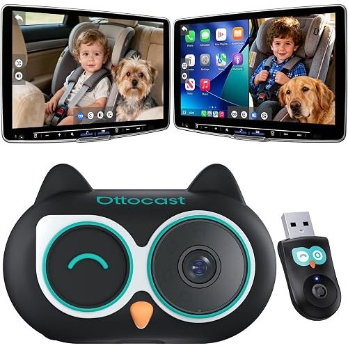 OTTOCAST Baby Car Camera &Wireless CarPlay Adapter,1080P HD Rear Seat Monitor Display on Car Screen,150°Wide Angle No-Glow Night View, Safety for Kids & Infants