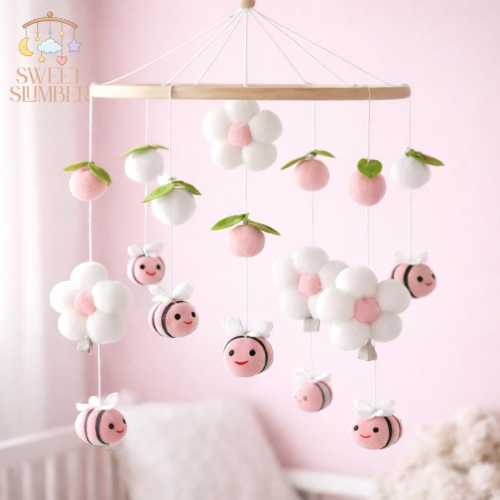 Pink Bee Baby Mobile | Handmade Felt Bees & Flowers | Pastel Nursery Crib Decor | Newborn Gift