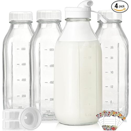 Liter Glass Milk Bottles w Scale, 100% Airtight Heavy Duty Screw Lid - 4 Pack 32 Oz Drinking Jars w Lids - Glass Bottles for Milk, Honey, Jam - Dishwasher Safe(Extra 2 Lids and 1 Pour Spout)