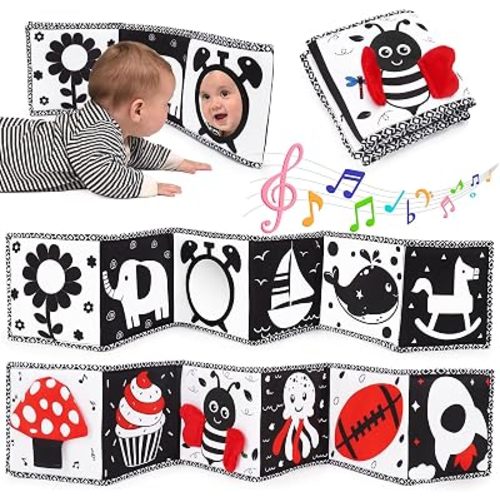 Black and White High Contrast Toys for Baby 0-3 3-6 months Infant Tummy Time Soft Book Sensory Musical Toy 0-2-4-6 month Babies Brain Development Crinkle Book Mirror Newborn Shower Gifts Boys Girls