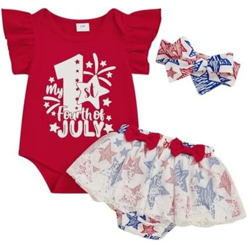 4th of July Baby Girl Outfits First Independence Day Short Sleeve Rompe Suspender Skirt Headband set Newborn Clothes