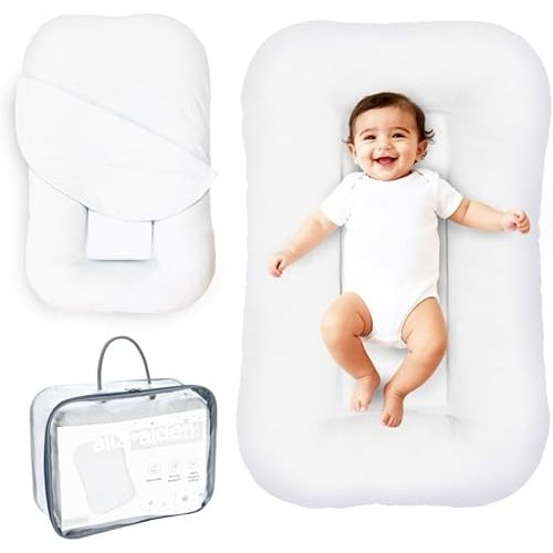 Aila + Aiden Baby Lounger | Organic Cotton Infant Lounger | Adjustable & Portable Floor Lounger |Supervised Use | Soft, Breathable, Washable Cover - Snuggle Collection - (White)