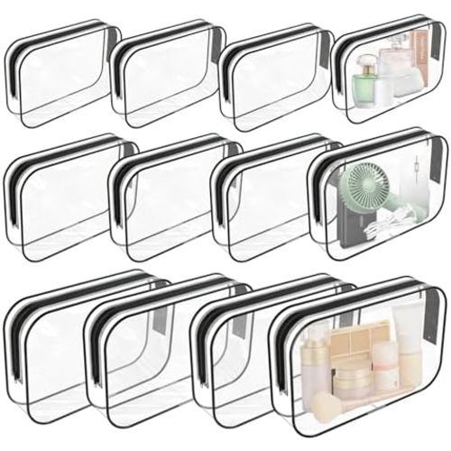 12 PCS Clear Makeup Bag for Women with Zipper, TSA Approved Toiletry Pouch, Cosmetic Bag Bulk for Travel Organizer Diaper, Toy, Gift (Black)