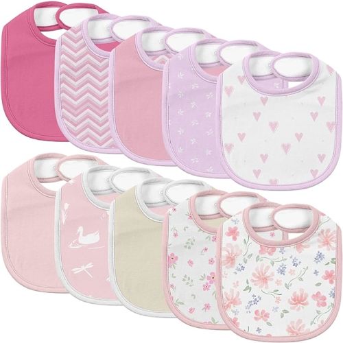 10 Pack Cotton Snap Bibs for Baby Boy Girl, Super Soft Drool Bibs for Teething and Feeding