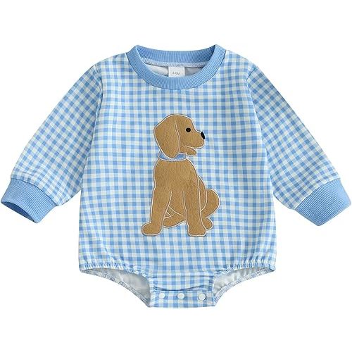 Yuemengxuan Newborn Baby Boy Fall Outfit Dog Embroidery Long Sleeve Sweatshirt Bubble Romper Infant Onesie Winter Clothes