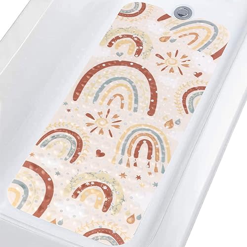 Topotdor Baby Bathtub Mat Non Slip for Kids, 40 X 16 Inch Cute Cartoon Bath Tub Shower Mat Anti Slip with Suction Cups & Drain Holes, Boho Rainbow