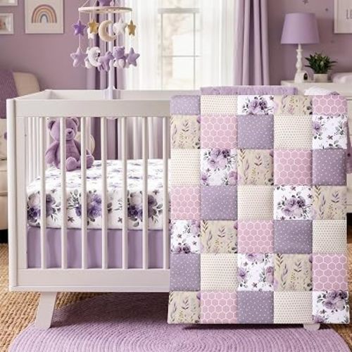 Hahafelt 3 Piece Patchwork Flowers Baby Crib Bedding Set for Baby Girls