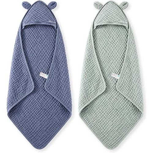 Momcozy Baby Towels, 6-Layer 100% Cotton Muslin Hooded Baby Towel Set for Newborn, Infant & Toddler, Soft Absorbent Baby Bath Essentials, Large 32 x 32 Inch