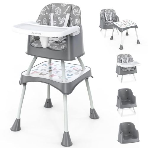 Lilian&Gema 6 in 1 Baby High Chair, Convertible Highchair for Babies and Toddlers, Table and Chair Set, with Safety Harness, Removable Tray Gray