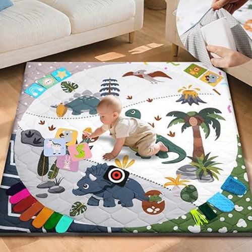 TINYHARBO Premium Foam Baby Play Mat 59x59, 4 Developmental Zones Play Mat with Removable & Machine Washable Cover, Extra Thick Padding Playpen Mat, Easy to Clean for Infants, Toddlers & Babies