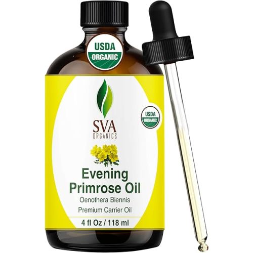 SVA Evening Primrose Oil Organic - 4 Fl Oz – 100% Natural Cold Pressed Organic Evening Primrose Oil - for Face, Skin Care, Hair Care, Scalp Massage & Body Massage – Carrier Oil with Dropper