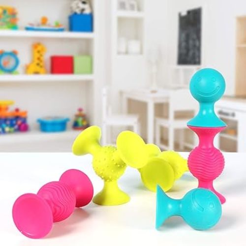 Fat Brain PipSquigz Bundle - 6 Piece Baby Rattle Suction Cup Toys, BPA-Free Sensory Toy Set with Storage Bag - Silicone Bath Toys