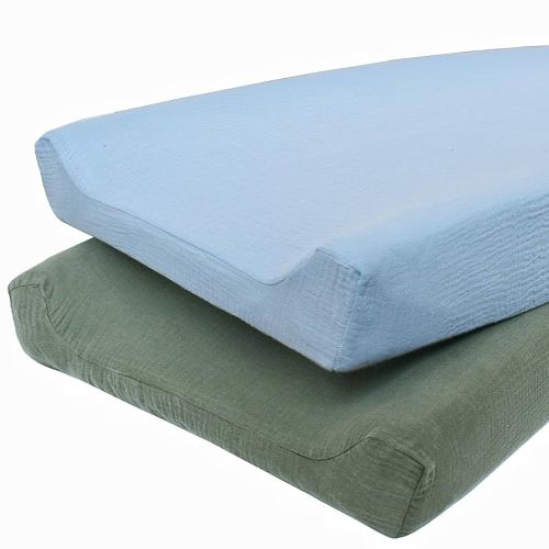 Owlowla Muslin Changing Pad Cover 2PACK,Soft Muslin Cotton Diaper Changing Pad Covers Changing Table Cover for Baby Boy Girl(Baby Blue&Olive)